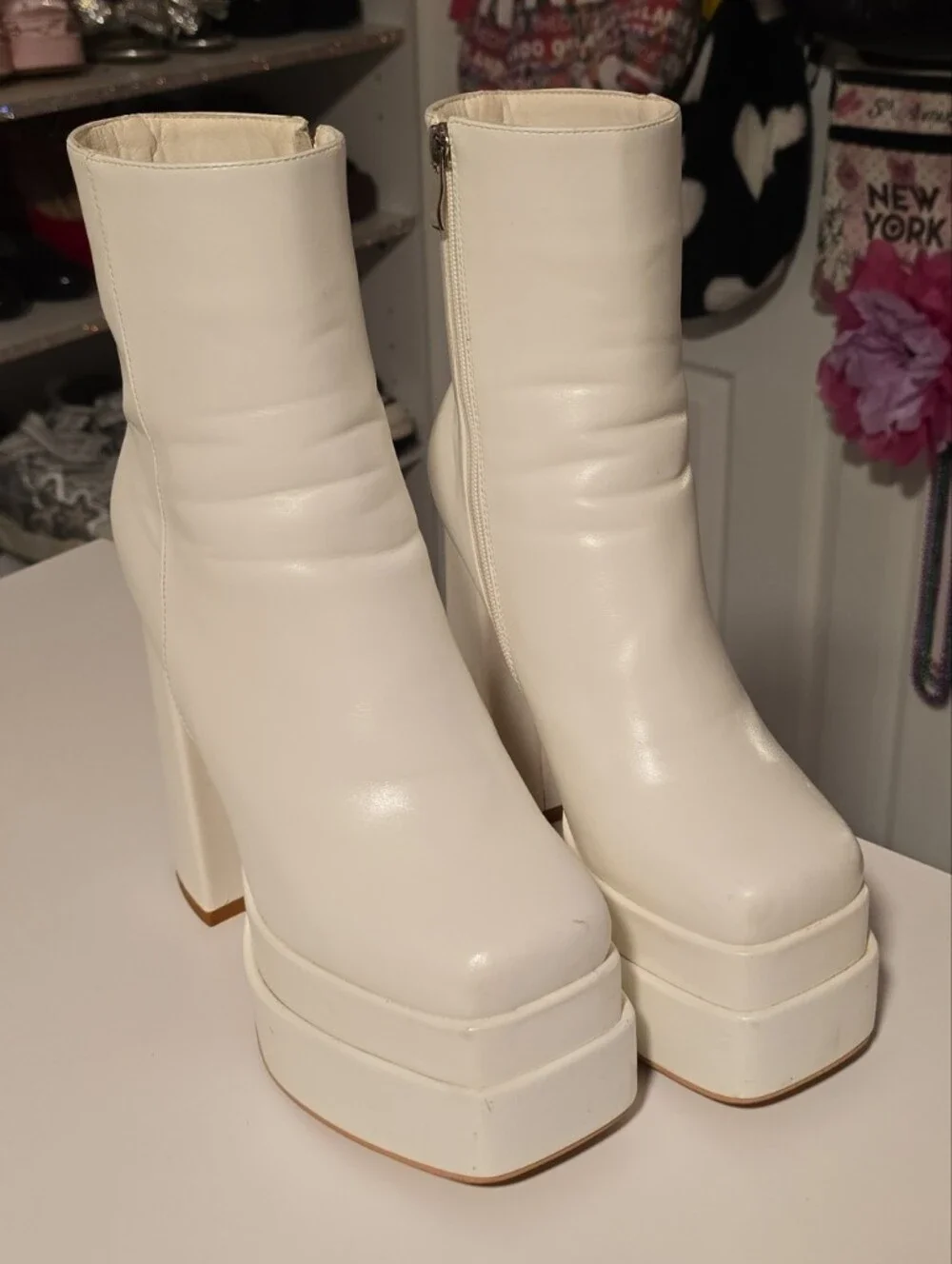 Women's White Platform Go-go Boots with Square Toe